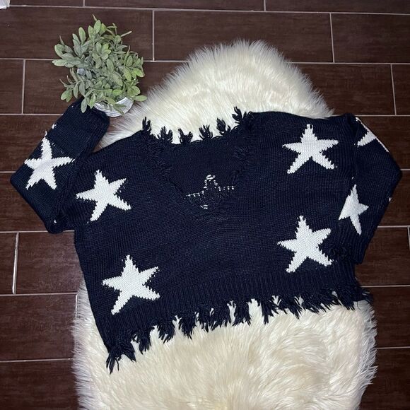 Storia Navy/white distressed star sweater sz small - Picture 2 of 10